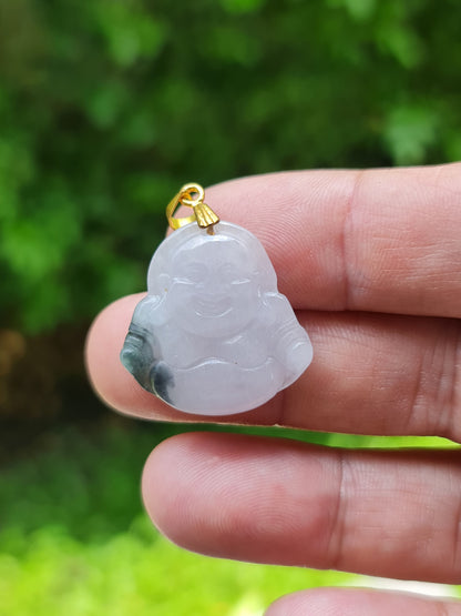 Natural Burmese Jadeite Jade Pendant – Icy Milky White & Emerald Green – Hand-Carved Happy Buddha Motif – JHB006