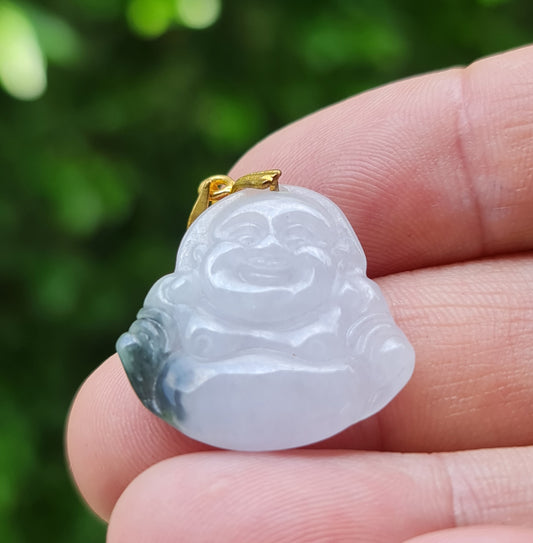 Natural Burmese Jadeite Jade Pendant – Icy Milky White & Emerald Green – Hand-Carved Happy Buddha Motif – JHB006