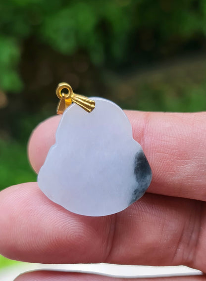 Natural Burmese Jadeite Jade Pendant – Icy Milky White & Emerald Green – Hand-Carved Happy Buddha Motif – JHB006