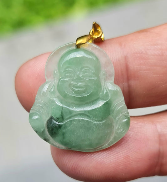 Natural Burmese Jadeite Jade Pendant – Icy Imperial Green – Hand-Carved Happy Buddha Motif – JHB007