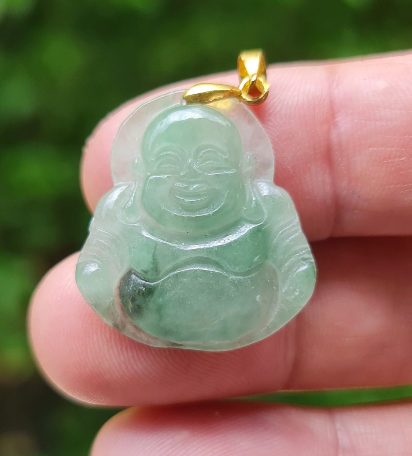 Natural Burmese Jadeite Jade Pendant – Icy Imperial Green – Hand-Carved Happy Buddha Motif – JHB007