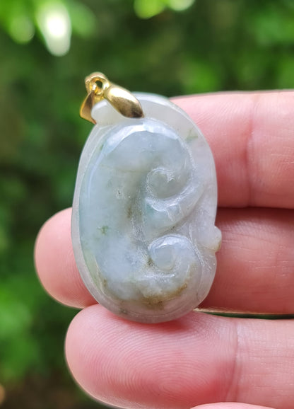 Natural Burmese Jadeite Jade Pendant – Bluish Milky White – Vintage Ruyi Swirl Motif – JOP002