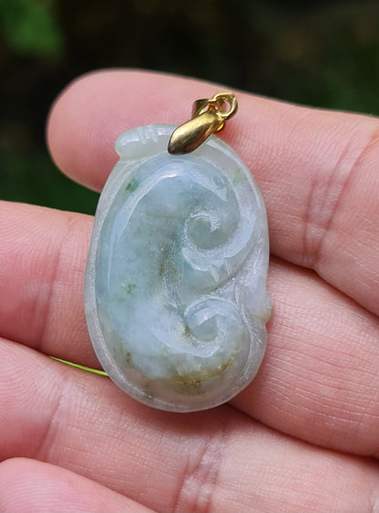 Natural Burmese Jadeite Jade Pendant – Bluish Milky White – Vintage Ruyi Swirl Motif – JOP002