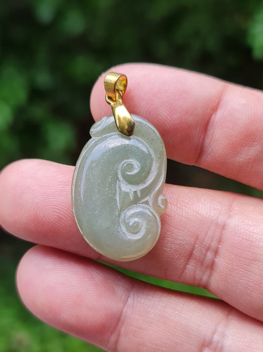 Natural Burmese Jadeite Jade Pendant – Icy Apple Green – Hand-Carved Ruyi Swirl Motif – JOP003