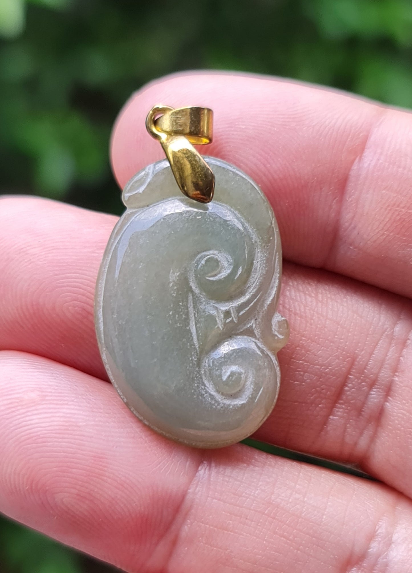 Natural Burmese Jadeite Jade Pendant – Icy Apple Green – Hand-Carved Ruyi Swirl Motif – JOP003