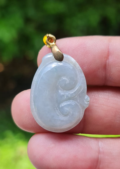 Natural Burmese Jadeite Jade Pendant – Vintage Icy Light Bluish Milky White – Hand-Carved Ruyi Swirl Motif – JOP004