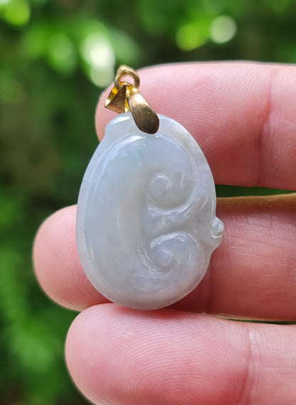 Natural Burmese Jadeite Jade Pendant – Vintage Icy Light Bluish Milky White – Hand-Carved Ruyi Swirl Motif – JOP004