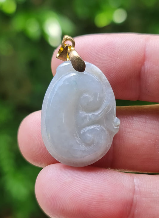 Natural Burmese Jadeite Jade Pendant – Vintage Icy Light Bluish Milky White – Hand-Carved Ruyi Swirl Motif – JOP004