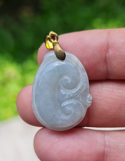 Natural Burmese Jadeite Jade Pendant – Vintage Icy Light Bluish Milky White – Hand-Carved Ruyi Swirl Motif – JOP004