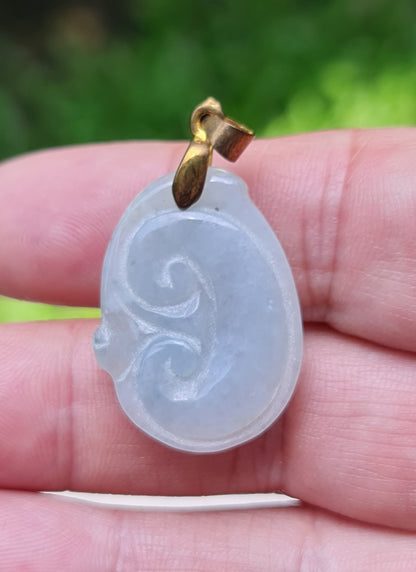 Natural Burmese Jadeite Jade Pendant – Vintage Icy Light Bluish Milky White – Hand-Carved Ruyi Swirl Motif – JOP004