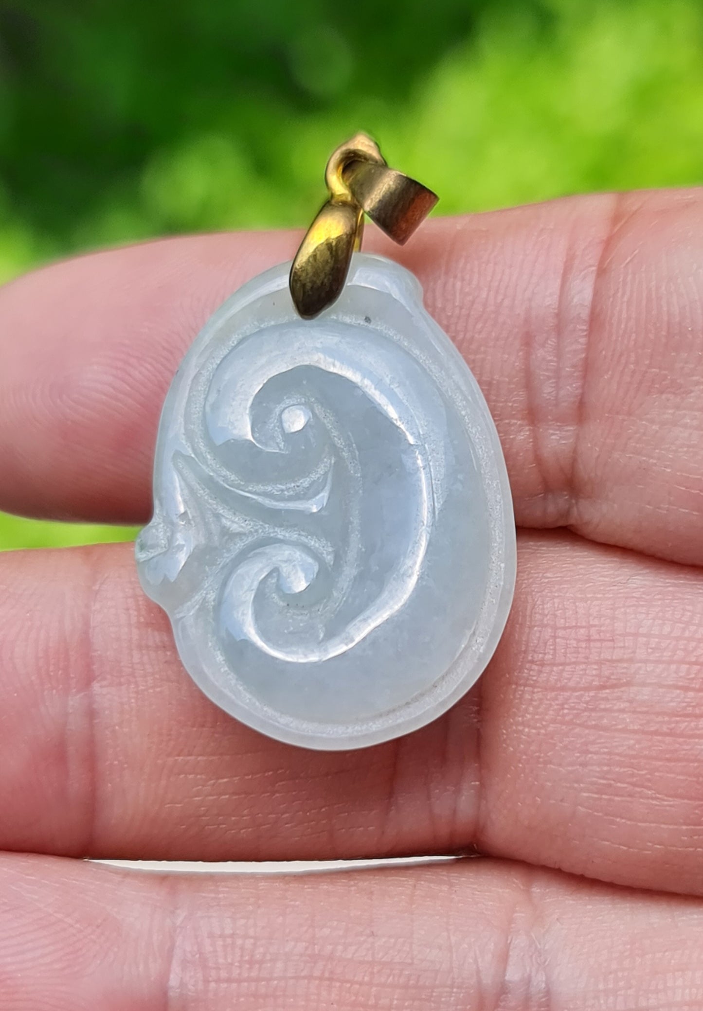 Natural Burmese Jadeite Jade Pendant – Vintage Icy Light Bluish Milky White – Hand-Carved Ruyi Swirl Motif – JOP004