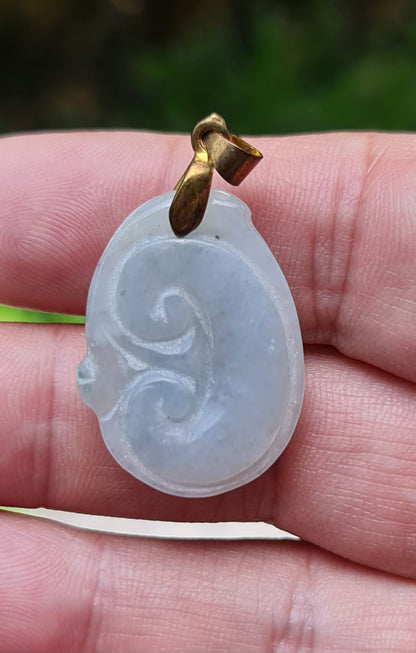 Natural Burmese Jadeite Jade Pendant – Vintage Icy Light Bluish Milky White – Hand-Carved Ruyi Swirl Motif – JOP004