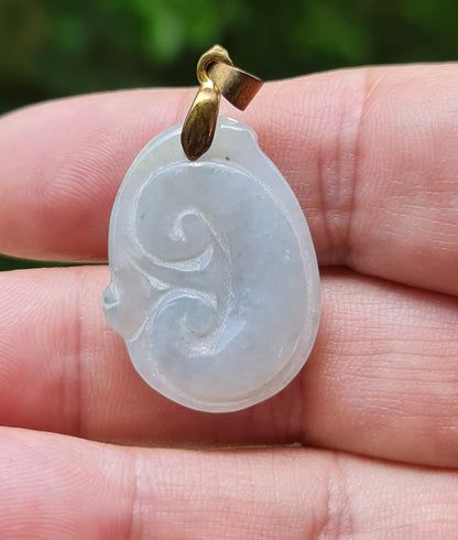 Natural Burmese Jadeite Jade Pendant – Vintage Icy Light Bluish Milky White – Hand-Carved Ruyi Swirl Motif – JOP004