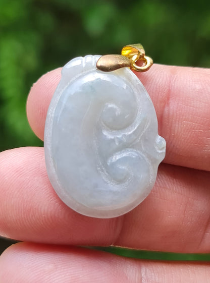 Natural Burmese Jadeite Jade Pendant – Vintage Icy Light Bluish Milky White – Hand-Carved Ruyi Swirl Motif – JOP004