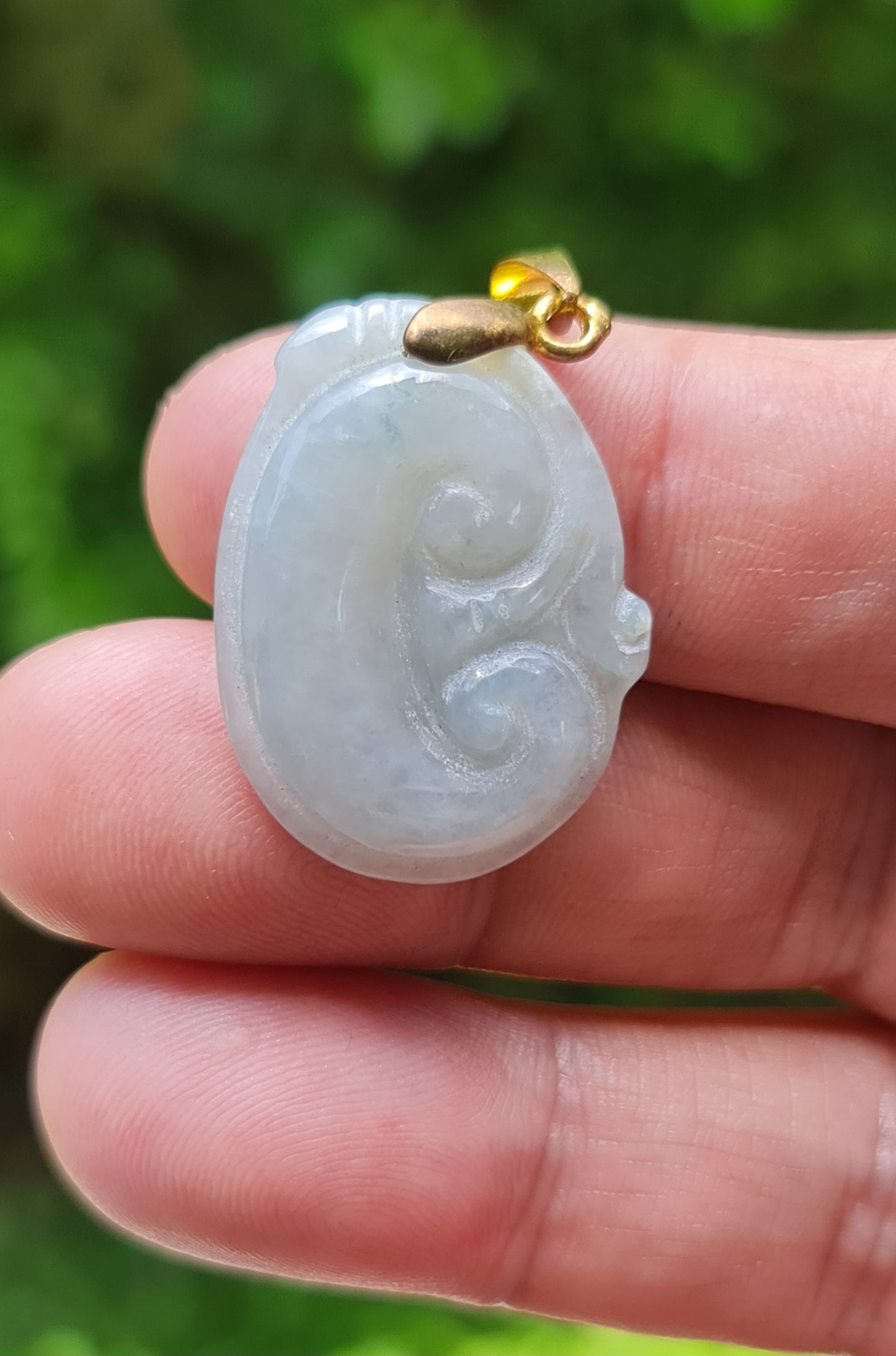 Natural Burmese Jadeite Jade Pendant – Vintage Icy Light Bluish Milky White – Hand-Carved Ruyi Swirl Motif – JOP004
