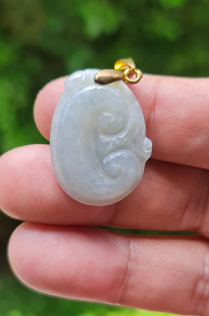 Natural Burmese Jadeite Jade Pendant – Vintage Icy Light Bluish Milky White – Hand-Carved Ruyi Swirl Motif – JOP004