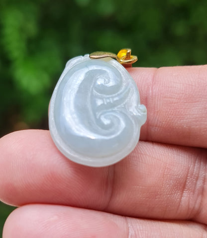 Natural Burmese Jadeite Jade Pendant – Vintage Icy Light Bluish Milky White – Hand-Carved Ruyi Swirl Motif – JOP004