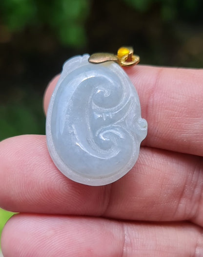 Natural Burmese Jadeite Jade Pendant – Vintage Icy Light Bluish Milky White – Hand-Carved Ruyi Swirl Motif – JOP004