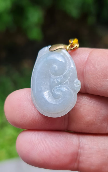 Natural Burmese Jadeite Jade Pendant – Vintage Icy Light Bluish Milky White – Hand-Carved Ruyi Swirl Motif – JOP004