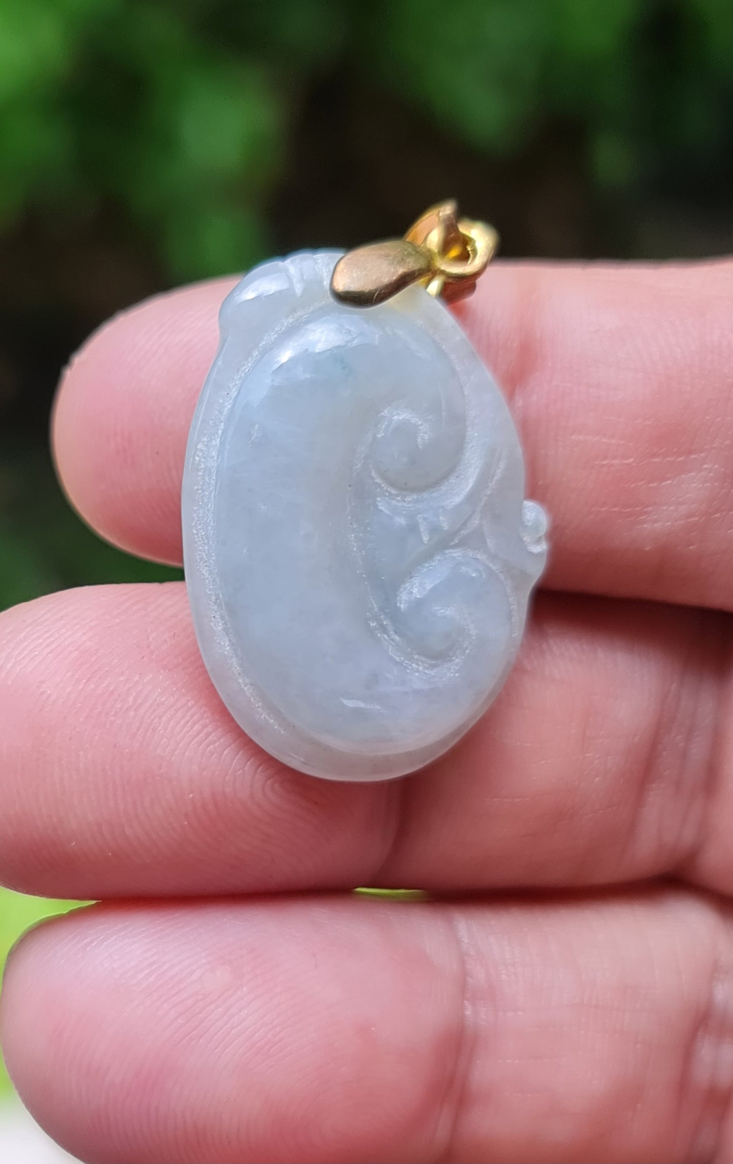 Natural Burmese Jadeite Jade Pendant – Vintage Icy Light Bluish Milky White – Hand-Carved Ruyi Swirl Motif – JOP004
