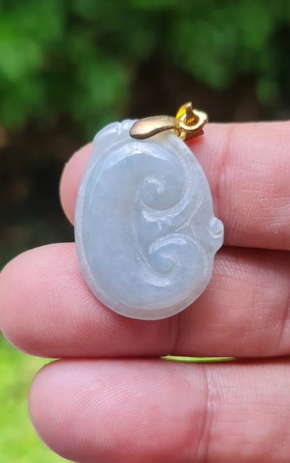 Natural Burmese Jadeite Jade Pendant – Vintage Icy Light Bluish Milky White – Hand-Carved Ruyi Swirl Motif – JOP004