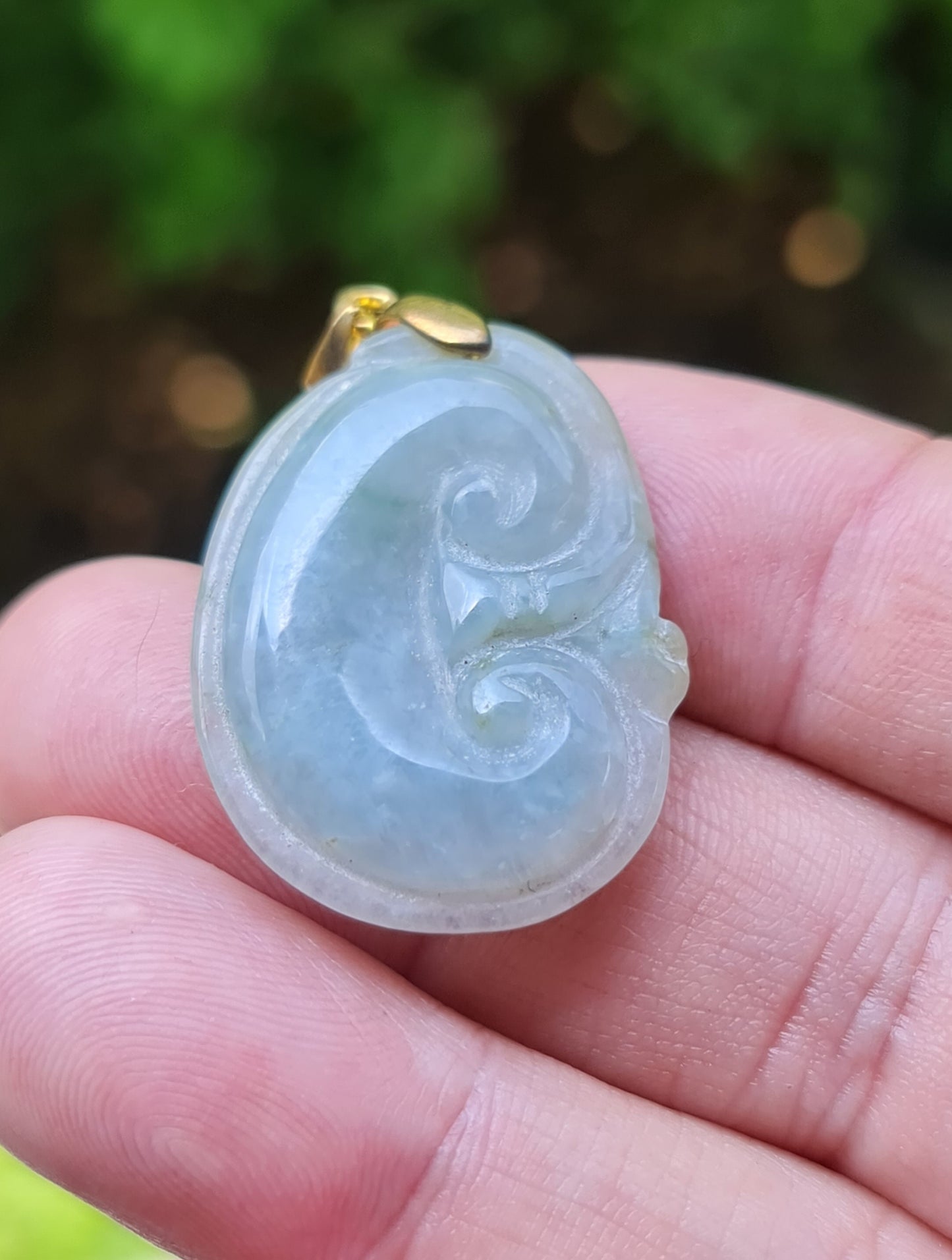 Natural Burmese Jadeite Jade Pendant – Icy Bluish Moss Green & Milky White – Hand-Carved Ruyi Swirl Motif – JOP005