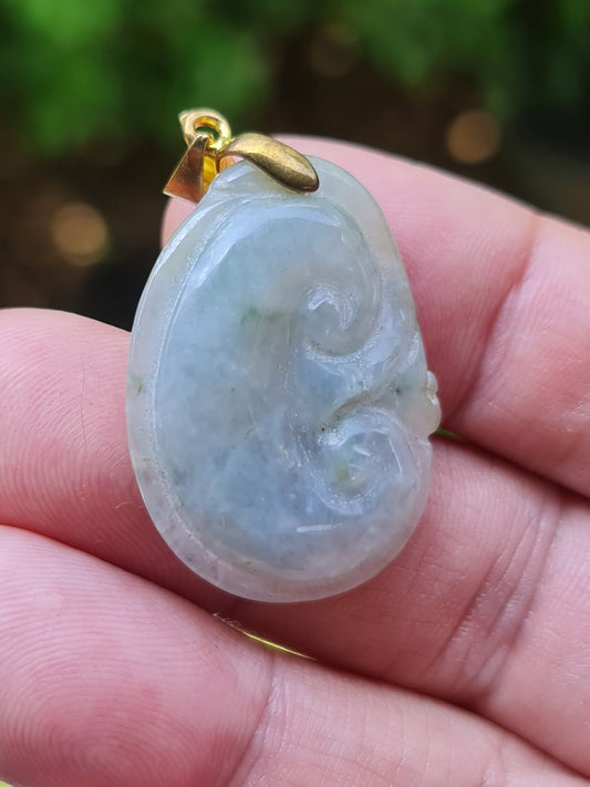 Natural Burmese Jadeite Jade Pendant – Icy Bluish Moss Green & Milky White – Hand-Carved Ruyi Swirl Motif – JOP005