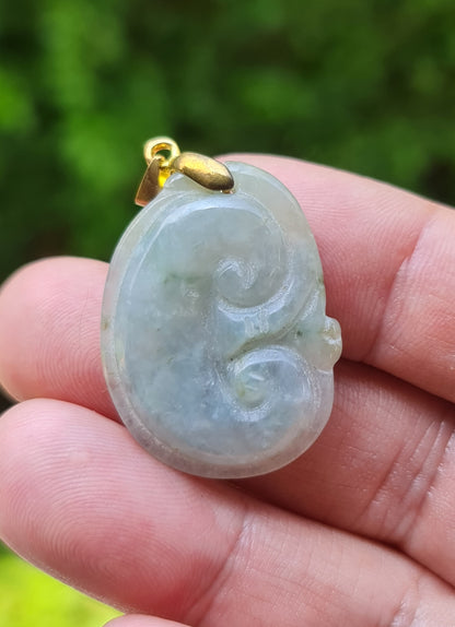 Natural Burmese Jadeite Jade Pendant – Icy Bluish Moss Green & Milky White – Hand-Carved Ruyi Swirl Motif – JOP005