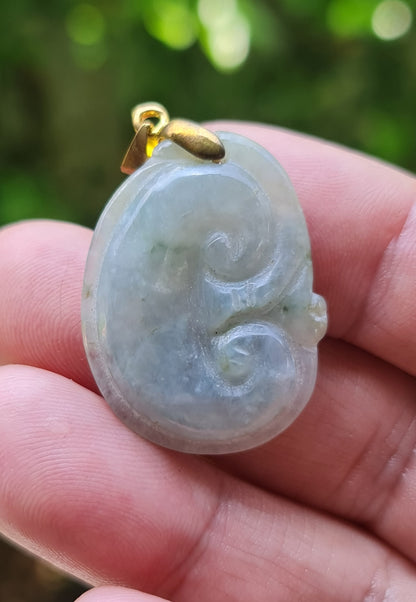 Natural Burmese Jadeite Jade Pendant – Icy Bluish Moss Green & Milky White – Hand-Carved Ruyi Swirl Motif – JOP005