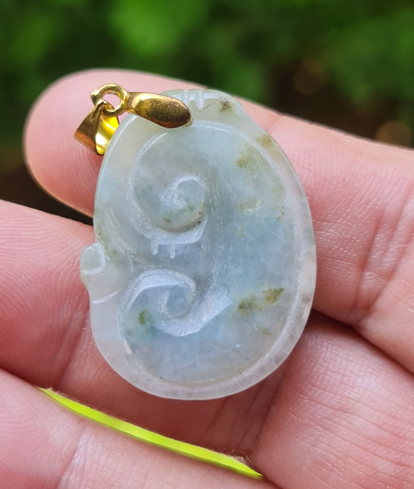 Natural Burmese Jadeite Jade Pendant – Icy Bluish Moss Green & Milky White – Hand-Carved Ruyi Swirl Motif – JOP005