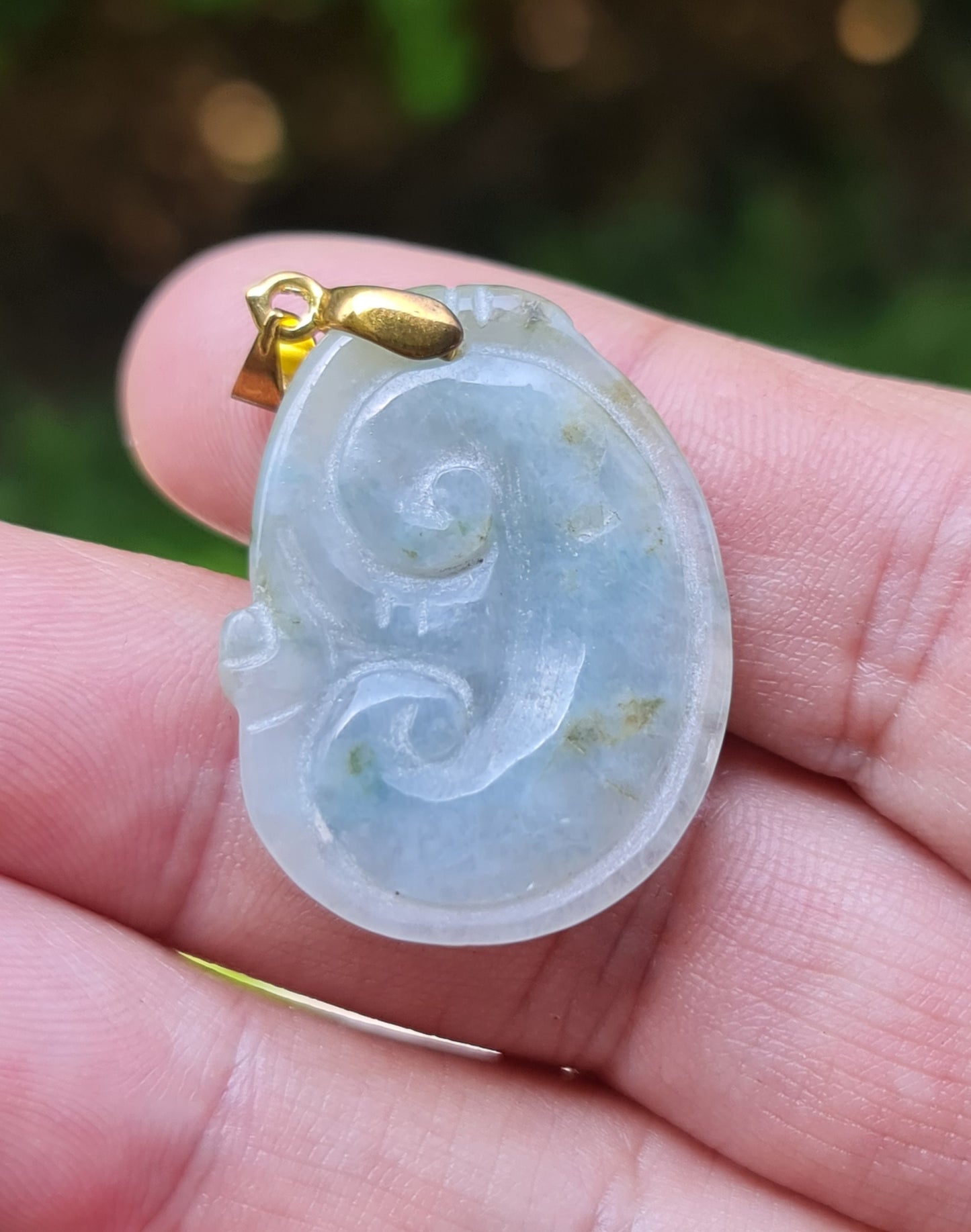 Natural Burmese Jadeite Jade Pendant – Icy Bluish Moss Green & Milky White – Hand-Carved Ruyi Swirl Motif – JOP005