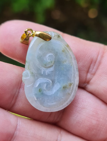 Natural Burmese Jadeite Jade Pendant – Icy Bluish Moss Green & Milky White – Hand-Carved Ruyi Swirl Motif – JOP005