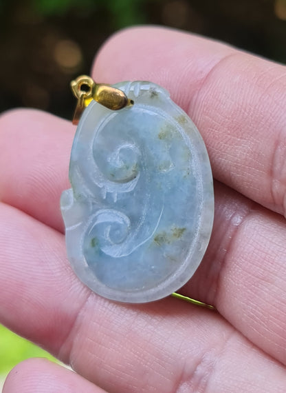 Natural Burmese Jadeite Jade Pendant – Icy Bluish Moss Green & Milky White – Hand-Carved Ruyi Swirl Motif – JOP005