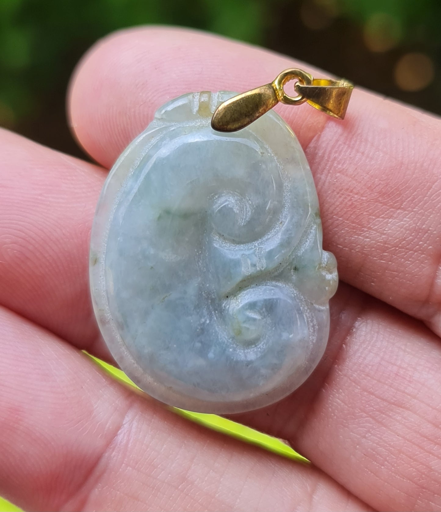 Natural Burmese Jadeite Jade Pendant – Icy Bluish Moss Green & Milky White – Hand-Carved Ruyi Swirl Motif – JOP005