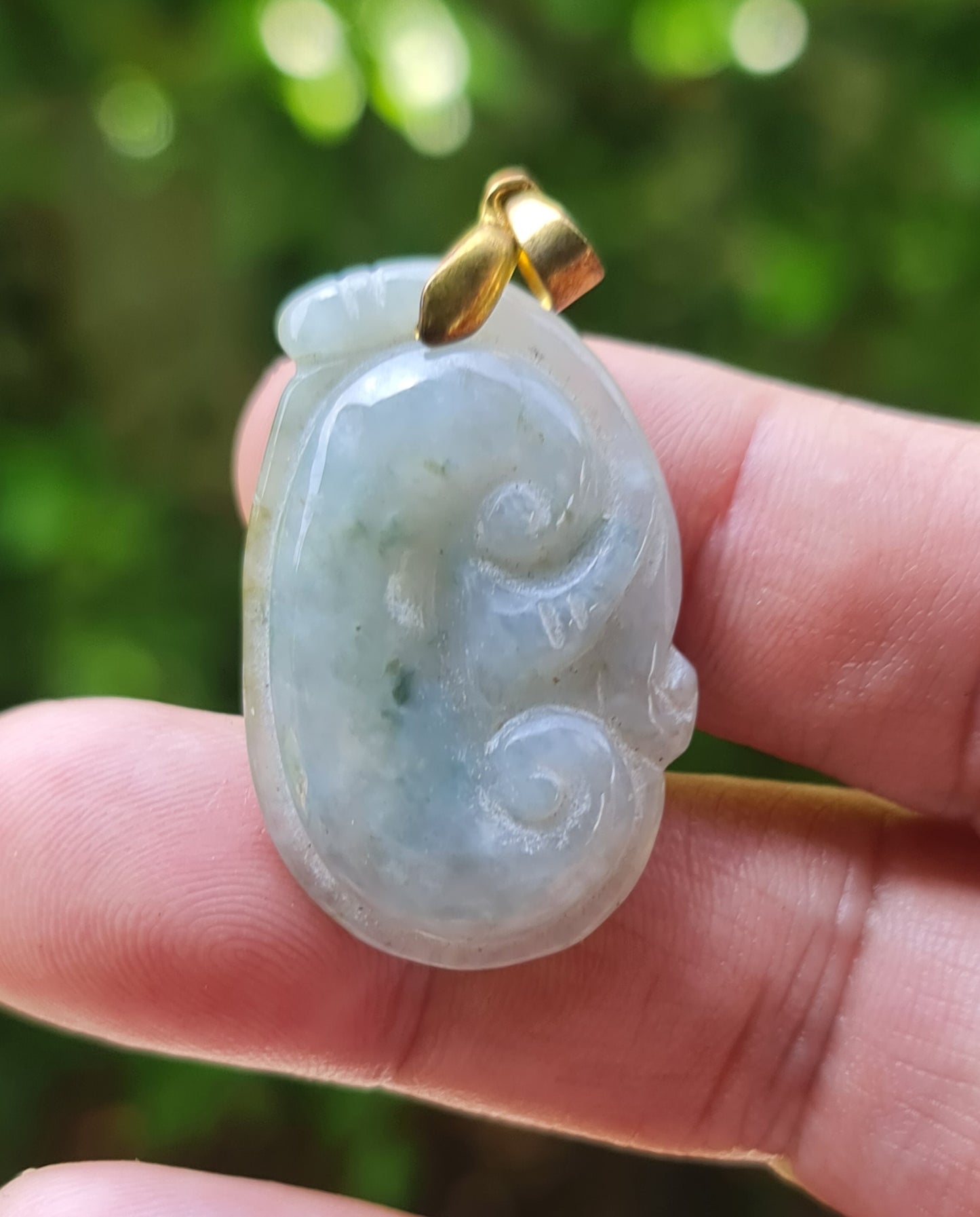 Natural Burmese Jadeite Jade Pendant – Vintage Icy Bluish Moss Green – Hand-Carved Ruyi Swirl Motif – JOP006