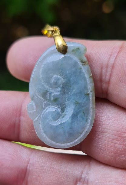 Natural Burmese Jadeite Jade Pendant – Vintage Icy Bluish Moss Green – Hand-Carved Ruyi Swirl Motif – JOP006