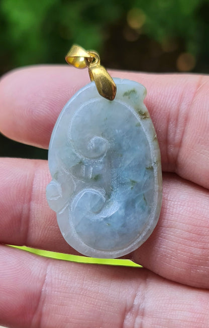 Natural Burmese Jadeite Jade Pendant – Vintage Icy Bluish Moss Green – Hand-Carved Ruyi Swirl Motif – JOP006