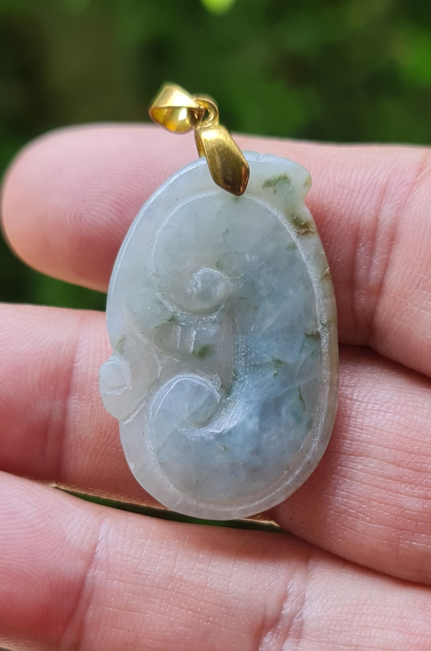 Natural Burmese Jadeite Jade Pendant – Vintage Icy Bluish Moss Green – Hand-Carved Ruyi Swirl Motif – JOP006