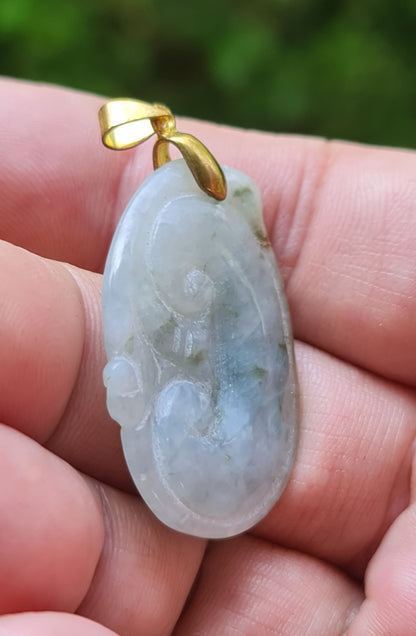 Natural Burmese Jadeite Jade Pendant – Vintage Icy Bluish Moss Green – Hand-Carved Ruyi Swirl Motif – JOP006