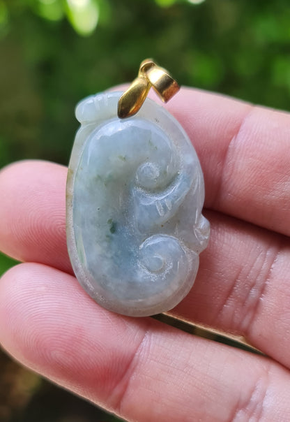 Natural Burmese Jadeite Jade Pendant – Vintage Icy Bluish Moss Green – Hand-Carved Ruyi Swirl Motif – JOP006
