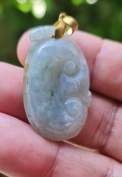 Natural Burmese Jadeite Jade Pendant – Vintage Icy Bluish Moss Green – Hand-Carved Ruyi Swirl Motif – JOP006