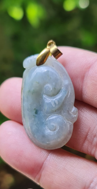 Natural Burmese Jadeite Jade Pendant – Vintage Icy Bluish Moss Green – Hand-Carved Ruyi Swirl Motif – JOP006