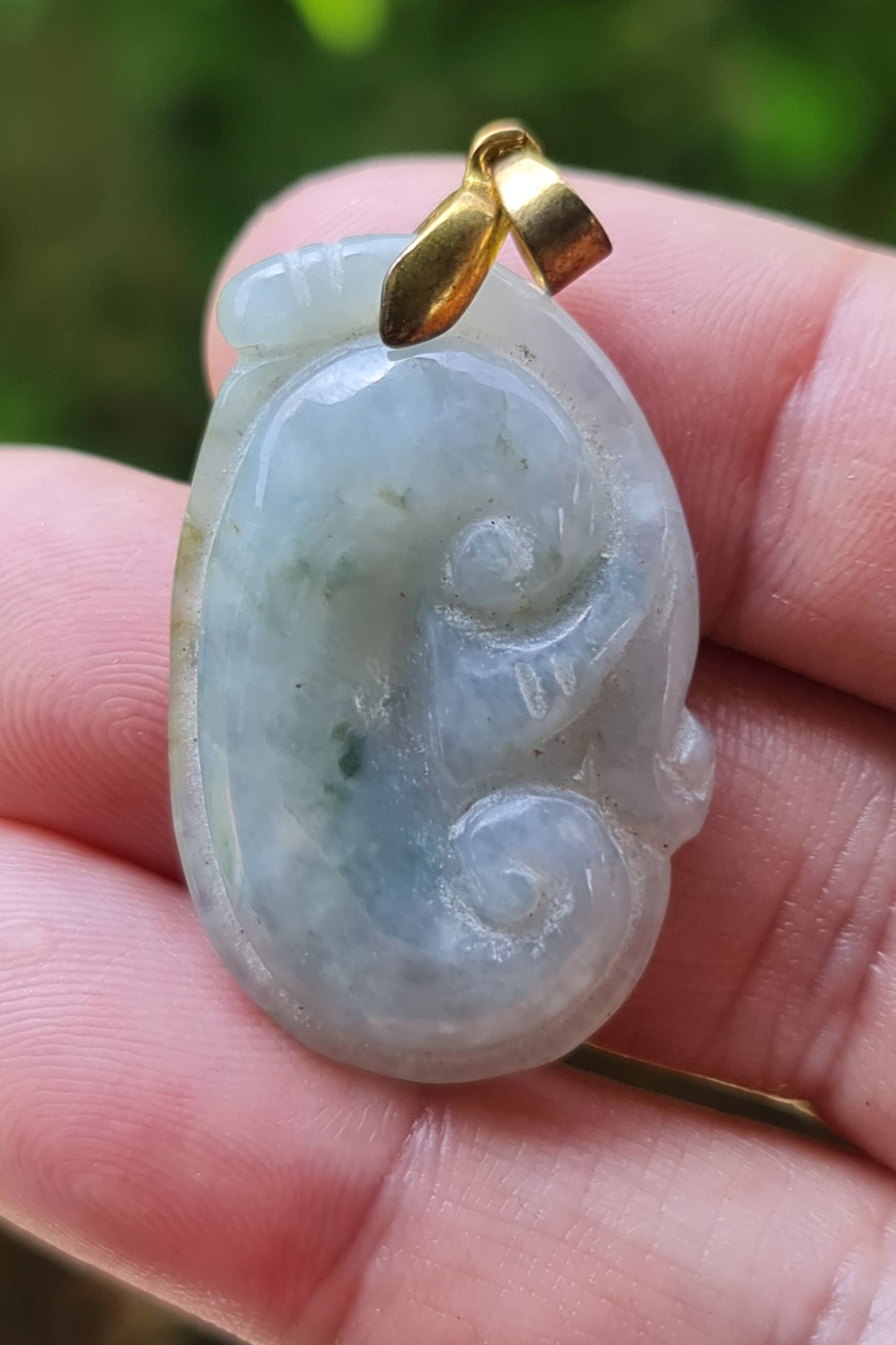 Natural Burmese Jadeite Jade Pendant – Vintage Icy Bluish Moss Green – Hand-Carved Ruyi Swirl Motif – JOP006