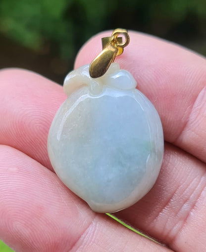 Natural Burmese Jadeite Jade Pendant – Icy Bluish, Milky White & Moss Green – Hand-Carved Peach Motif – JOP007