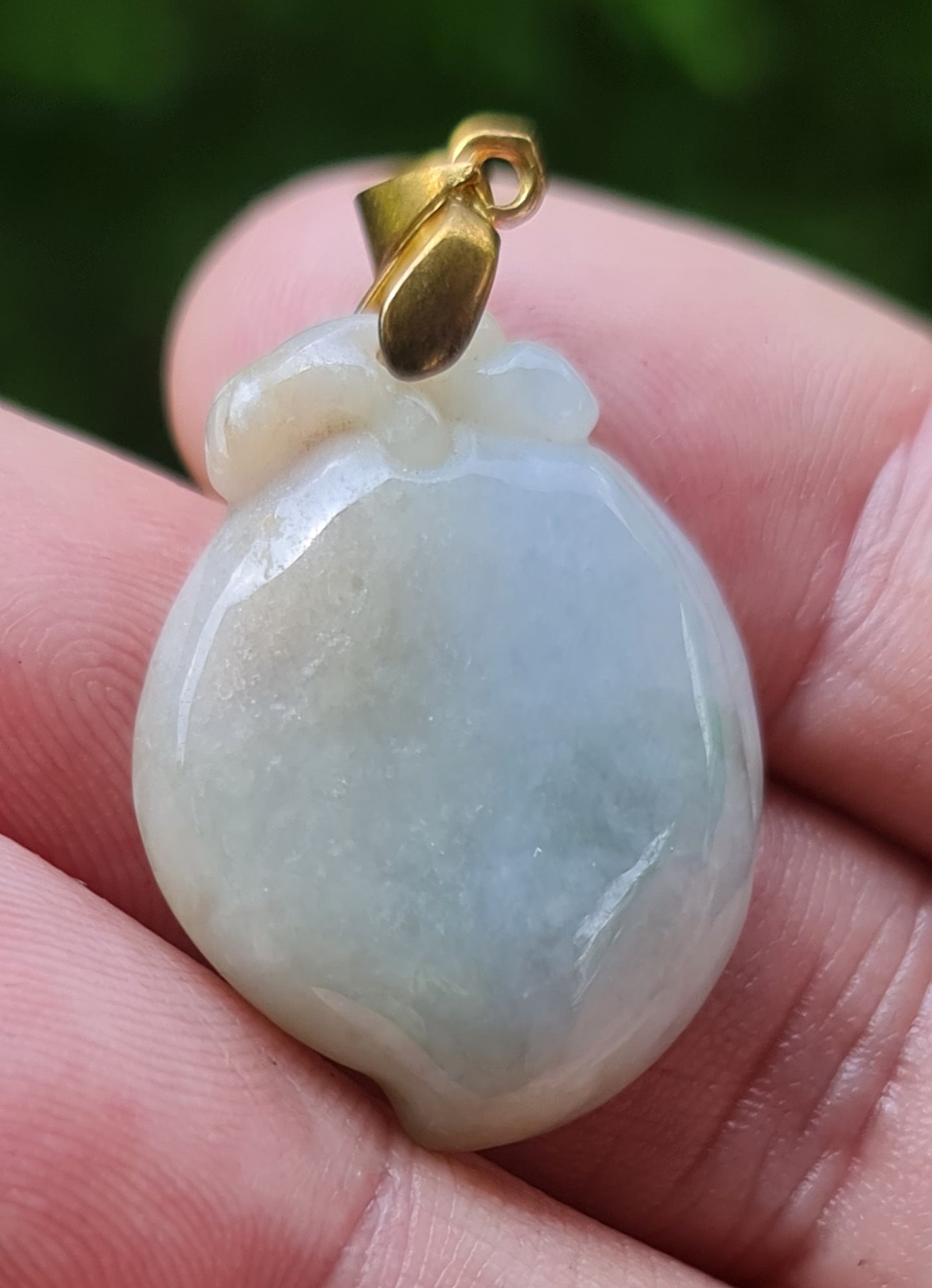 Natural Burmese Jadeite Jade Pendant – Icy Bluish, Milky White & Moss Green – Hand-Carved Peach Motif – JOP007