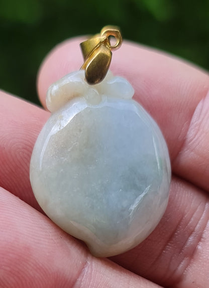 Natural Burmese Jadeite Jade Pendant – Icy Bluish, Milky White & Moss Green – Hand-Carved Peach Motif – JOP007
