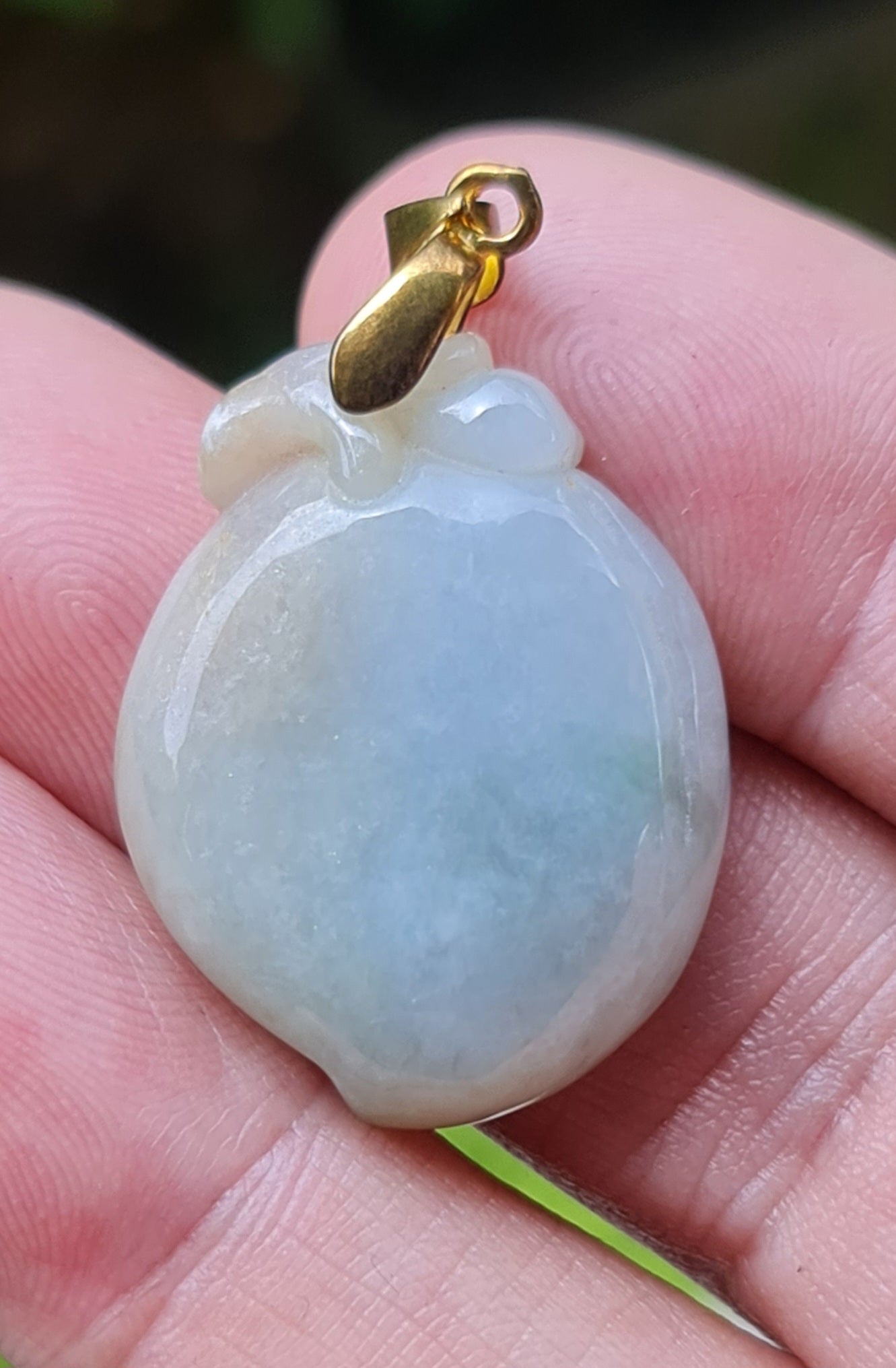 Natural Burmese Jadeite Jade Pendant – Icy Bluish, Milky White & Moss Green – Hand-Carved Peach Motif – JOP007