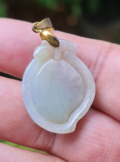 Natural Burmese Jadeite Jade Pendant – Icy Bluish, Milky White & Moss Green – Hand-Carved Peach Motif – JOP007
