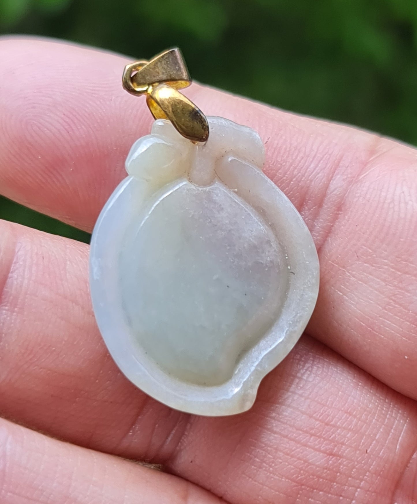 Natural Burmese Jadeite Jade Pendant – Icy Bluish, Milky White & Moss Green – Hand-Carved Peach Motif – JOP007