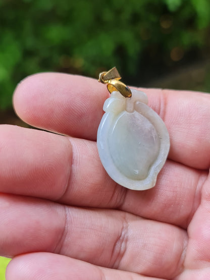 Natural Burmese Jadeite Jade Pendant – Icy Bluish, Milky White & Moss Green – Hand-Carved Peach Motif – JOP007